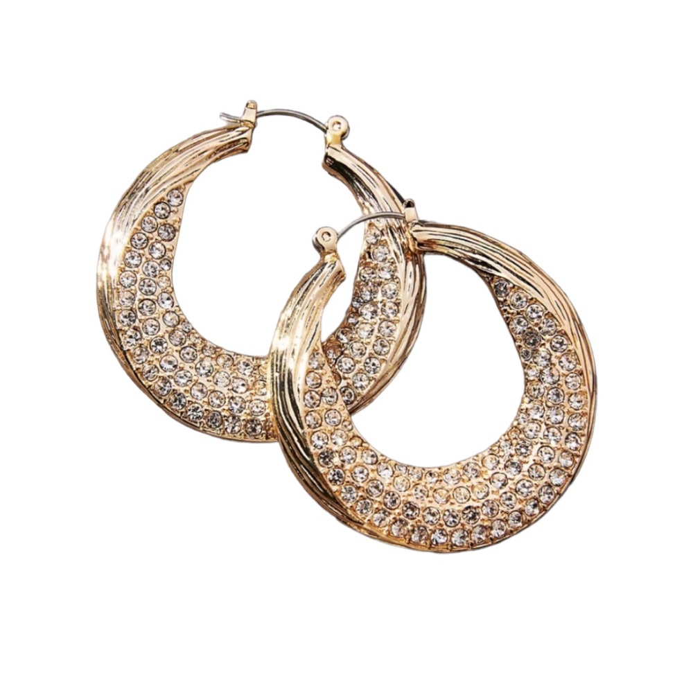 Anthropologie Cosmic Rocker Pave Hoop Pierced Earrings Gold Tone Crystal NWT